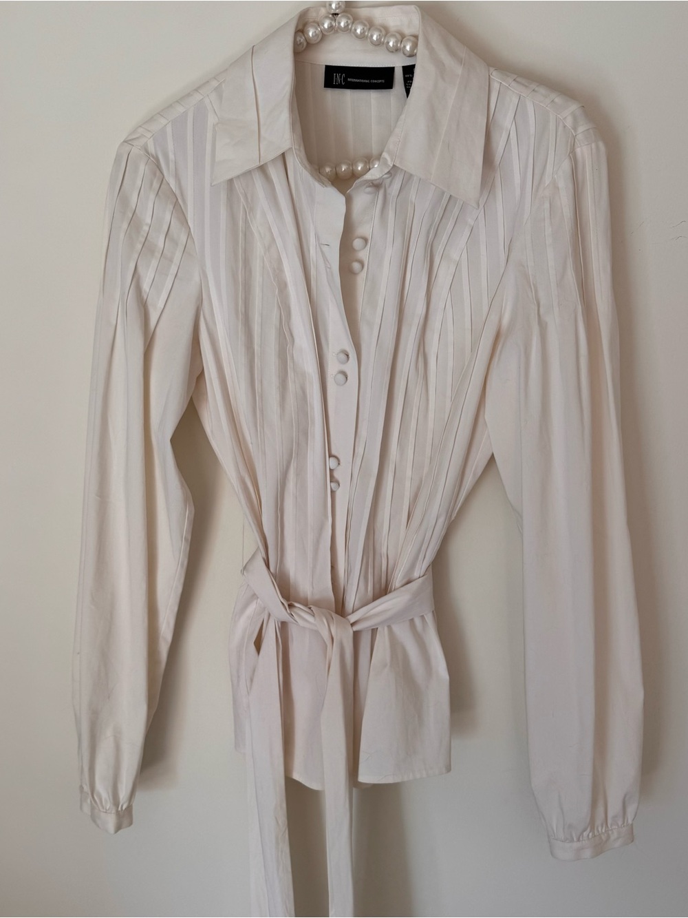 inc white pleated blouse with tie waist